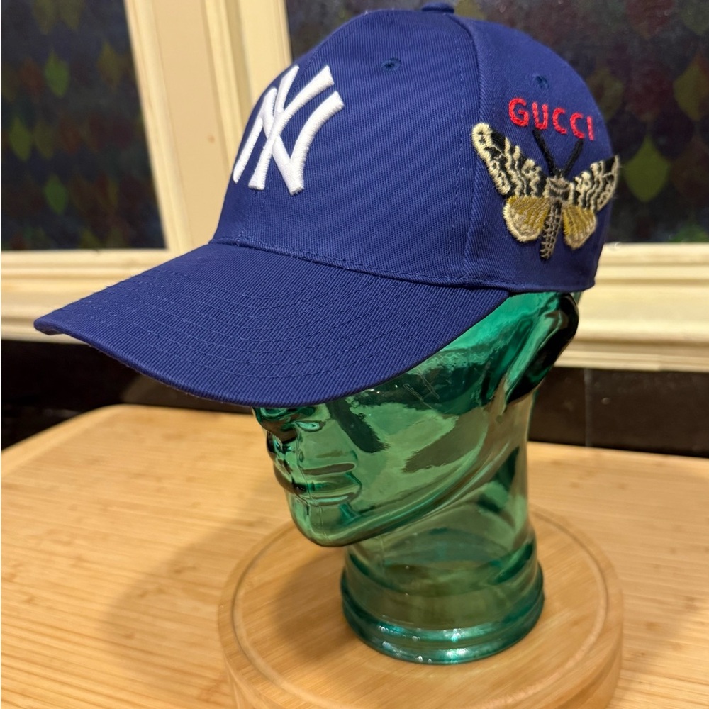 Gucci Royal Blue Cap with Embroidered Butterfly